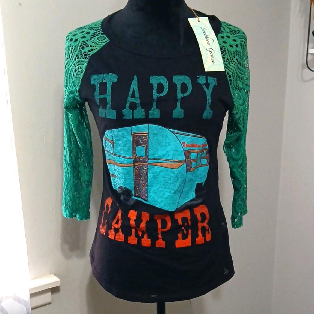 Happy Camper Shirt - Black and Green Size S